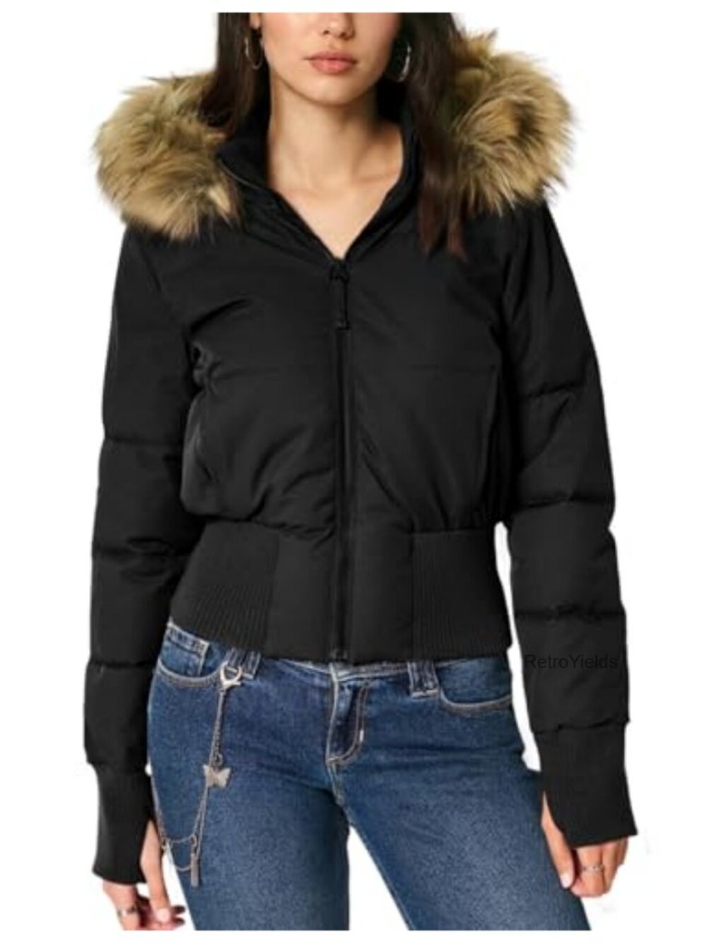 Cropped Puffer Jacket Hooded Faux Fur Trim Winter Quilted Coat